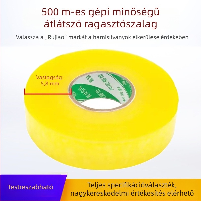 Átlátszó csomagoló szalag, 500 m, nagy tekercs, sárga, zárásra és csomagolásra, háztartási használat