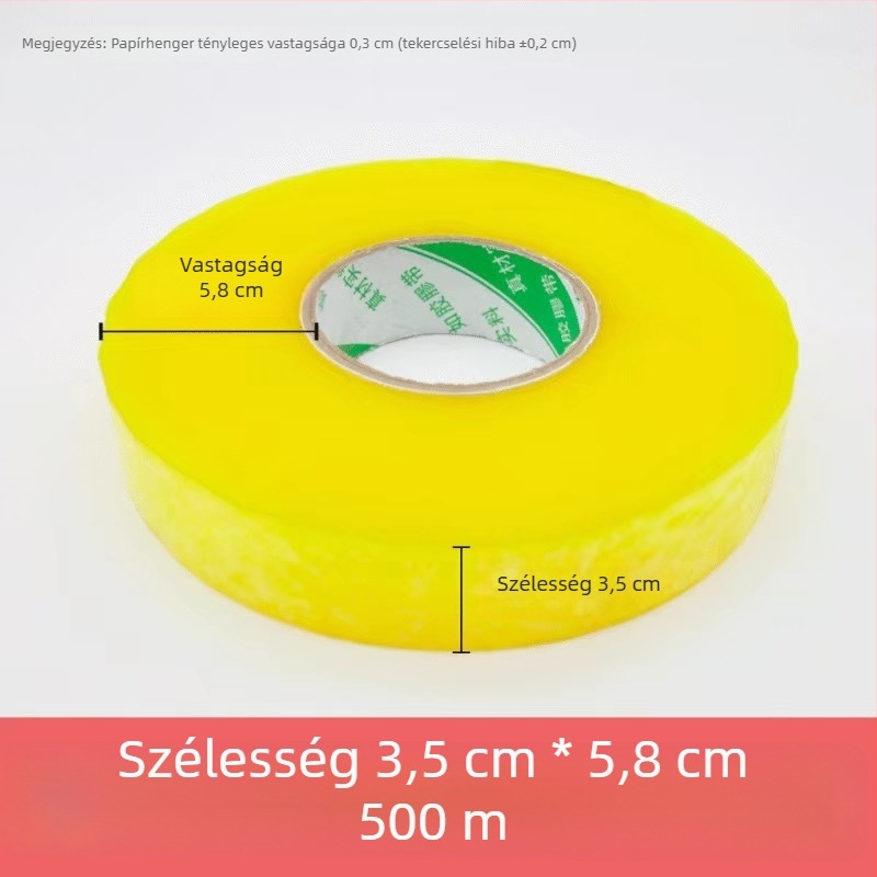 Átlátszó csomagoló szalag, 500 m, nagy tekercs, sárga, zárásra és csomagolásra, háztartási használat