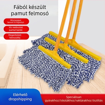 Padlómop fából készült nyéllel és pamutszál fejjel, kék-fehér fonallal, nagy méret, professzionális tisztításra