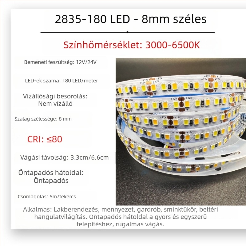 2835 LED csíkszalag, kétszínhőmérsékletű, 12V/24V, állítható hangulatvilágítás ruhásszekrényhez és sminktükörhöz
