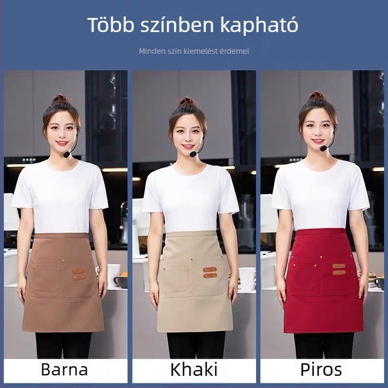 Félhosszú kötény éttermi és szállodai személyzetnek, uniszex, ujjatlan, modern minimalist stílus logóval