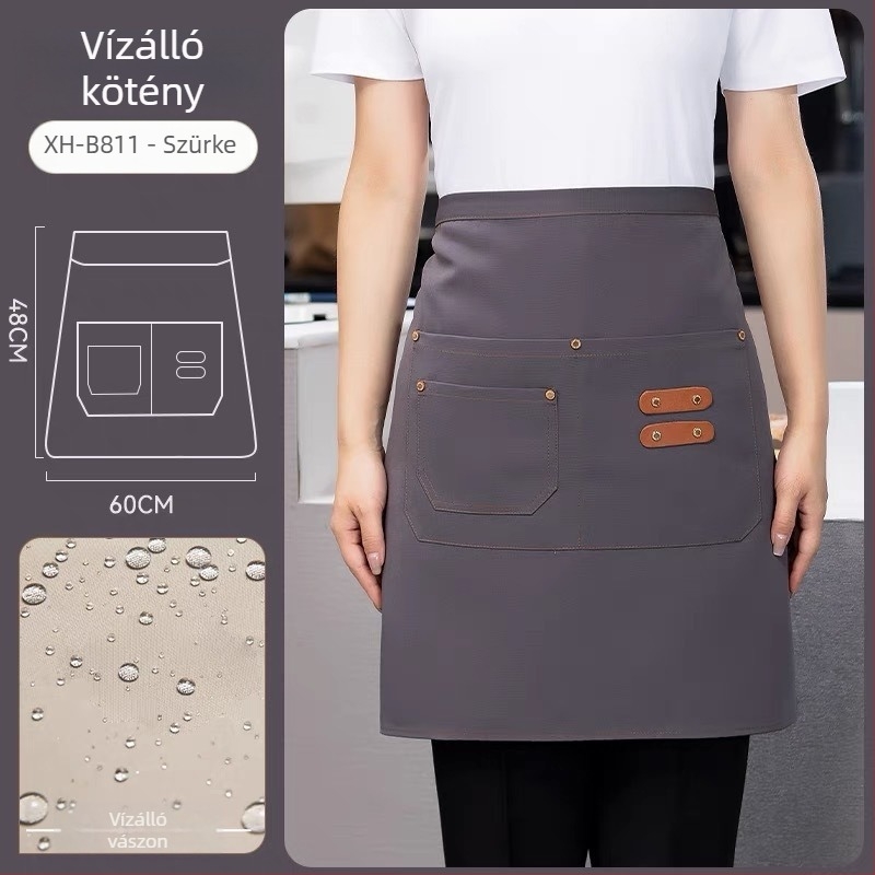 Félhosszú kötény éttermi és szállodai személyzetnek, uniszex, ujjatlan, modern minimalist stílus logóval