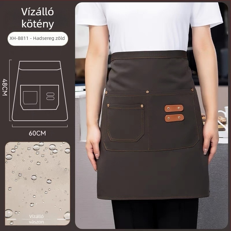 Félhosszú kötény éttermi és szállodai személyzetnek, uniszex, ujjatlan, modern minimalist stílus logóval