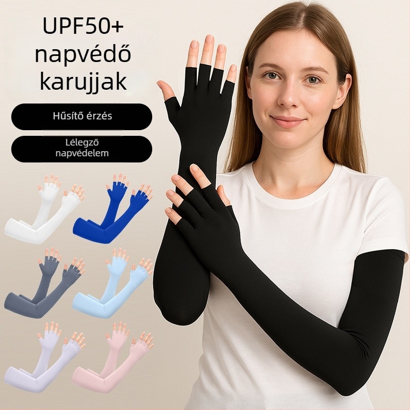 Kerékpározáshoz használható napvédő karvédő integrált ujjvédőkkel és nyitott ujjakkal; nejlon alkarvédő; hosszú, vékony dizájn