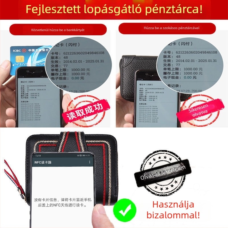 Női rövid kártyatartó, több kártyahellyel, nagy kapacitású, antidemagnetikus, rekesz a vezetői engedélyhez, kis pénztárca