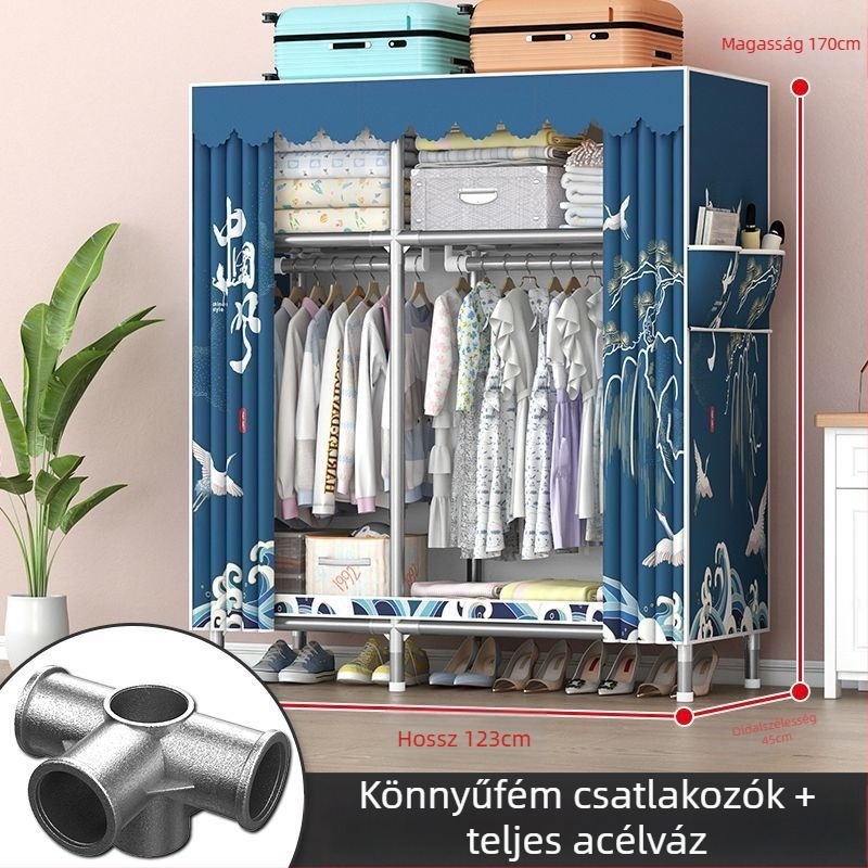 Hálószobai ruhásszekrény megerősített acélvázból, egyszerű összeszerelés, ruhák tárolására