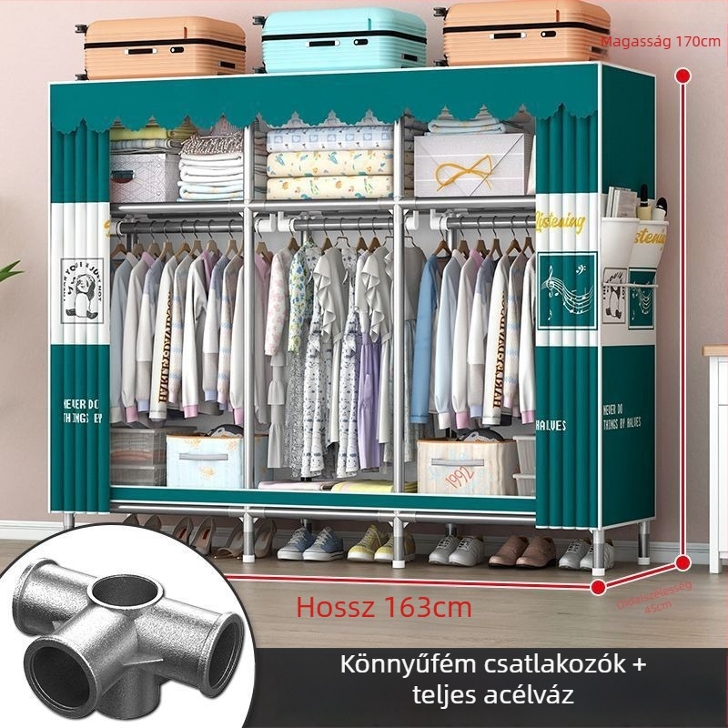 Hálószobai ruhásszekrény megerősített acélvázból, egyszerű összeszerelés, ruhák tárolására