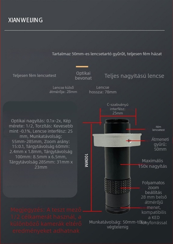 Vizuális megfigyelésre szolgáló nagyító lencse, magas felbontású mikroszkópos zoom lencse, 100x nagyítás, 300 mm-es munkatávolság