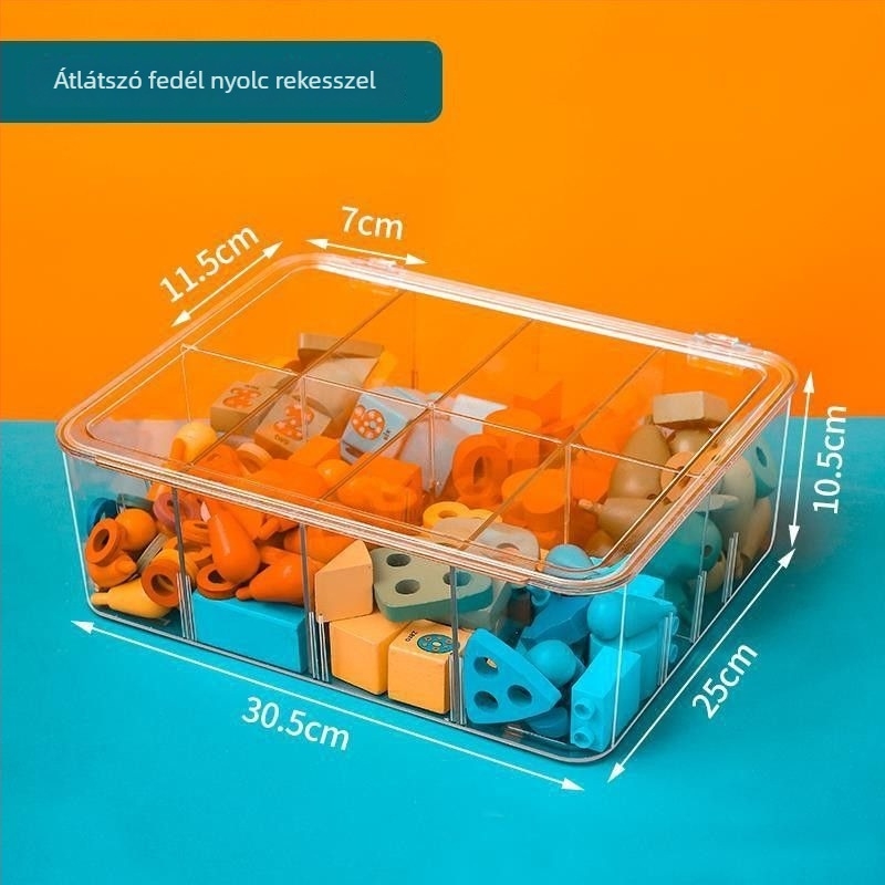 Lego építőelemek tároló doboza gyerekjátékokhoz, rekeszekkel a kis alkatrészekhez