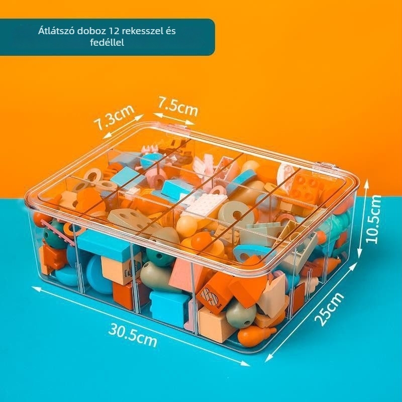 Lego építőelemek tároló doboza gyerekjátékokhoz, rekeszekkel a kis alkatrészekhez