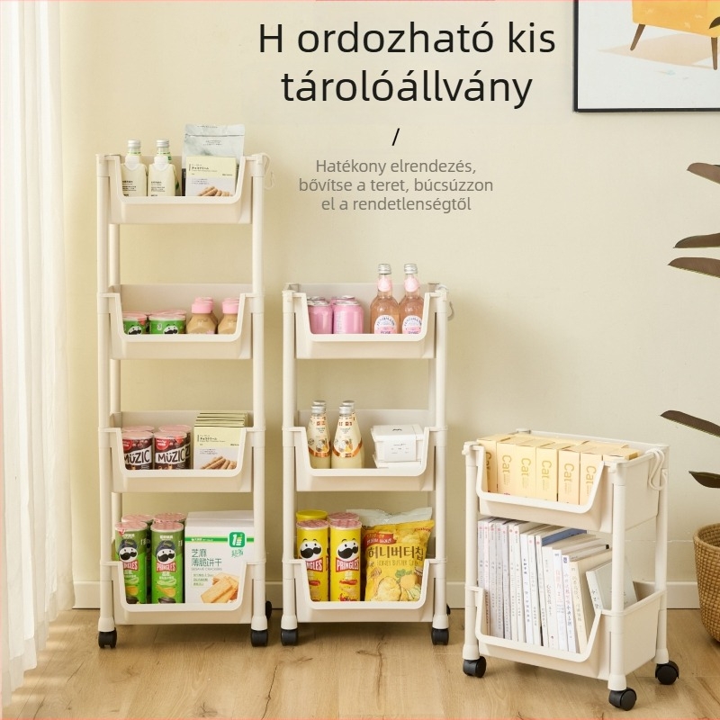 Görgős tárolóállvány négy polccal, hordozható otthoni rendező nassolnivalók és játékok számára, padlón álló, többszintes tárolópolc, konyhai gyümölcs- és zöldségtartó