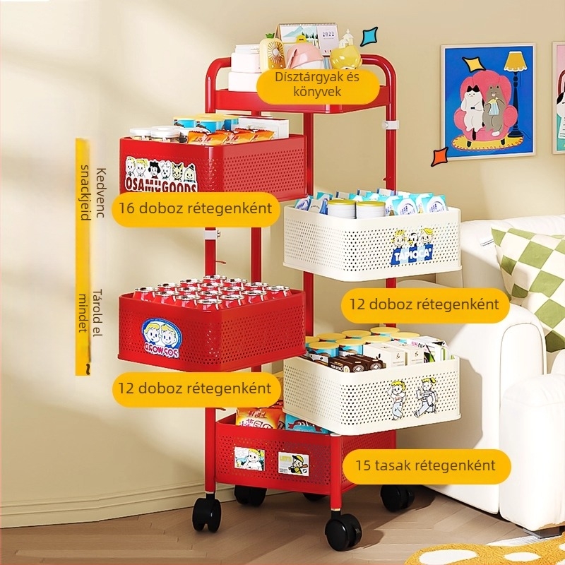 Forgó snack- és játék tároló kocsi, 5‑rétegű hordozható, multifunkcionális szervező otthonra és hálószobára