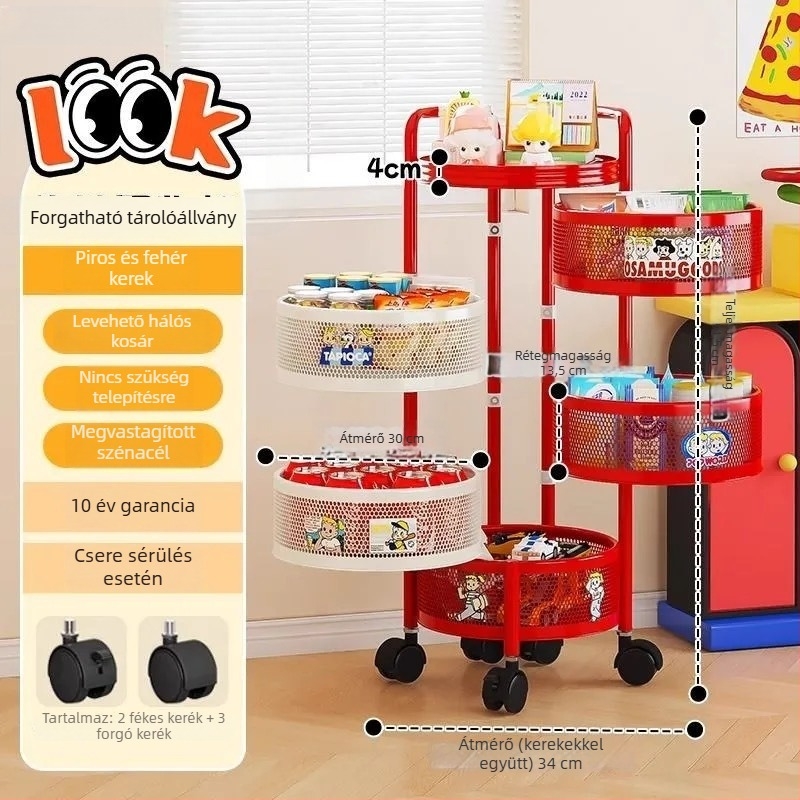 Forgó snack- és játék tároló kocsi, 5‑rétegű hordozható, multifunkcionális szervező otthonra és hálószobára