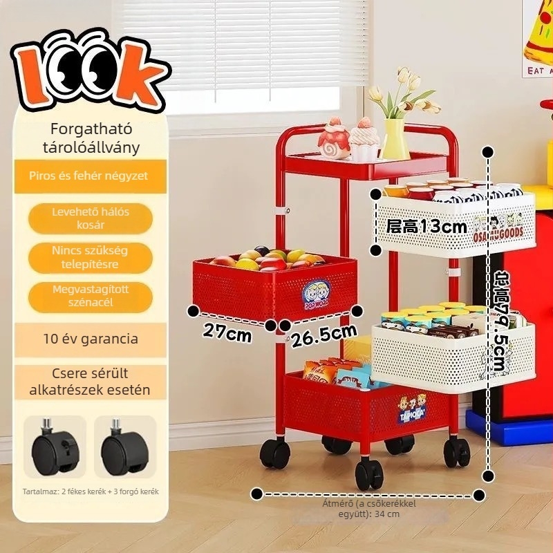 Forgó snack- és játék tároló kocsi, 5‑rétegű hordozható, multifunkcionális szervező otthonra és hálószobára