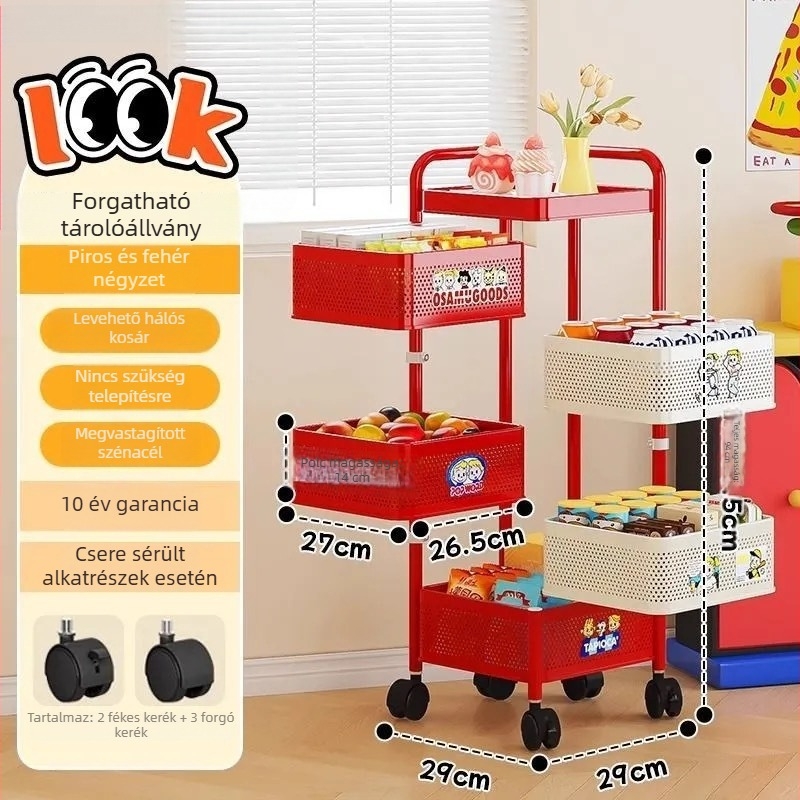 Forgó snack- és játék tároló kocsi, 5‑rétegű hordozható, multifunkcionális szervező otthonra és hálószobára
