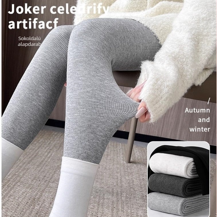 Női szürke függőleges csíkos termikus leggings fleece-béléssel, vastag kötésű, szoros