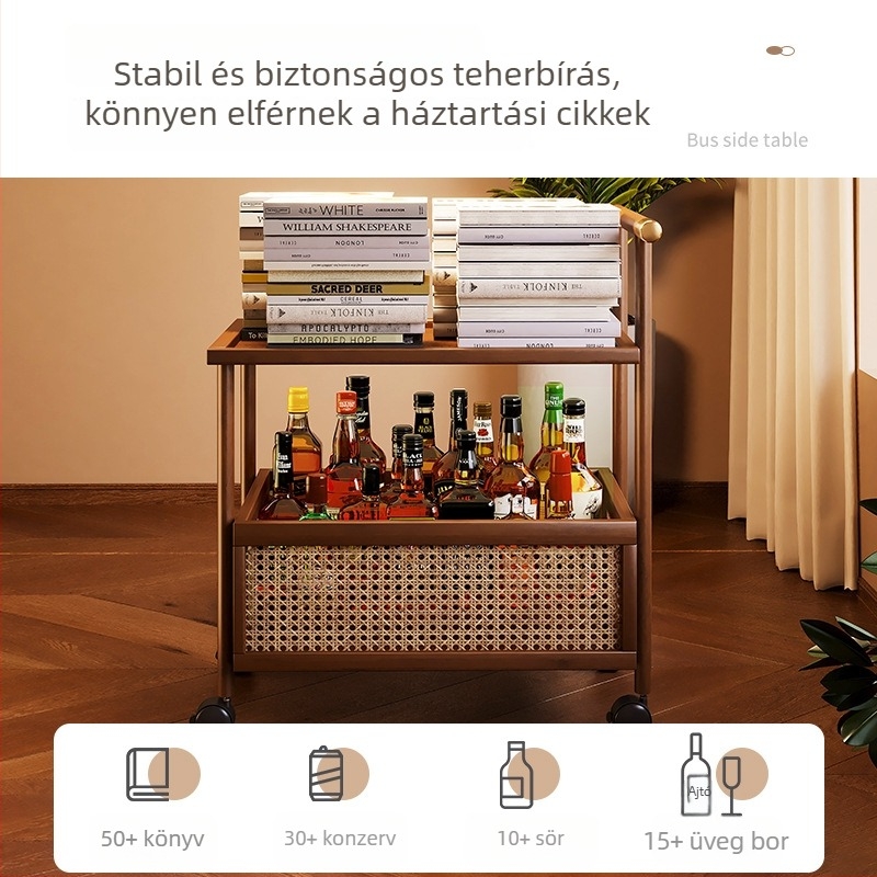 Két szintes padlón álló tároló görgőkkel a nappaliba, középkori stílusú snack szervező bambuszból és fából