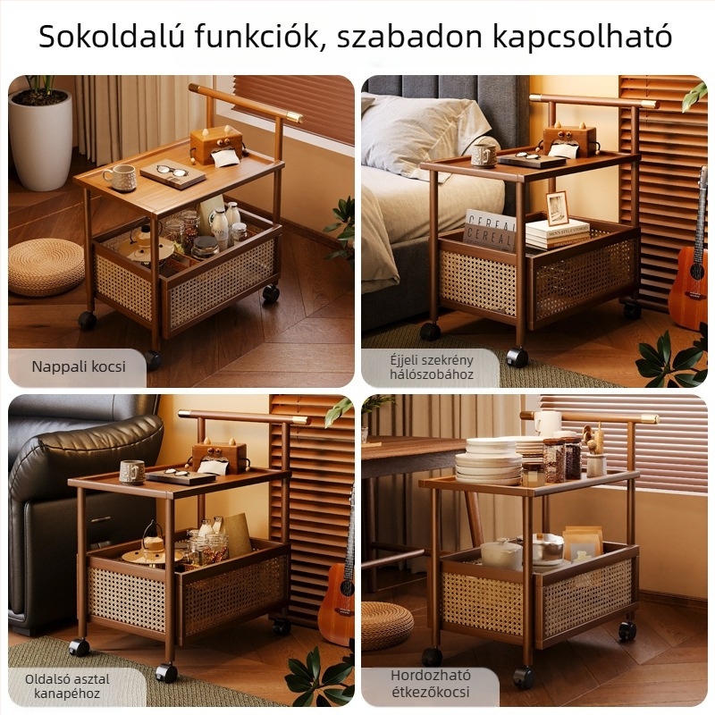 Két szintes padlón álló tároló görgőkkel a nappaliba, középkori stílusú snack szervező bambuszból és fából