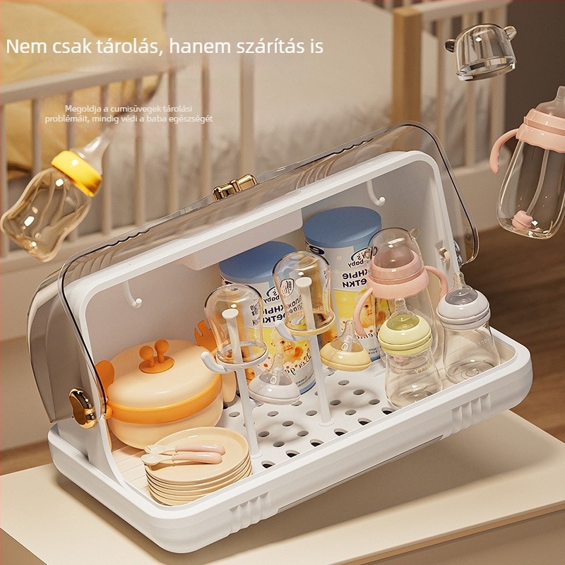 Baba cumisüveg sterilizáló és tároló doboz babafelszereléshez, leeresztő polccal