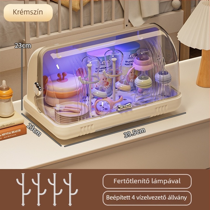 Baba cumisüveg sterilizáló és tároló doboz babafelszereléshez, leeresztő polccal