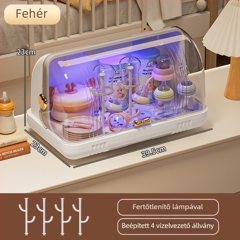 Baba cumisüveg sterilizáló és tároló doboz babafelszereléshez, leeresztő polccal