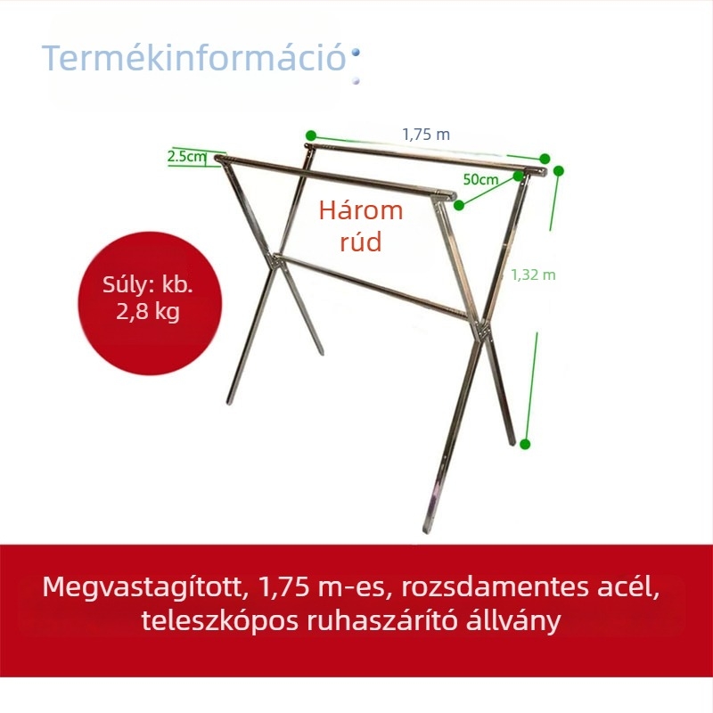 Teljes acélból készült, vastagított álló ruhaszárító, teleszkópos, összecsukható, beltéri és kültéri használatra