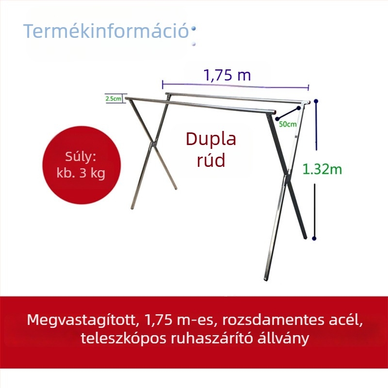 Teljes acélból készült, vastagított álló ruhaszárító, teleszkópos, összecsukható, beltéri és kültéri használatra