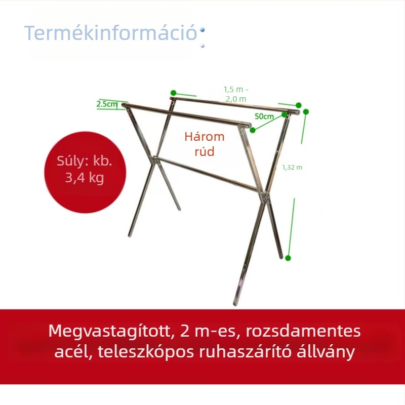 Teljes acélból készült, vastagított álló ruhaszárító, teleszkópos, összecsukható, beltéri és kültéri használatra
