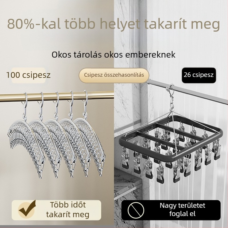 Rozsdamentes acél zokniszárító akasztó, több csipesszel, szélvédett és korrózióálló