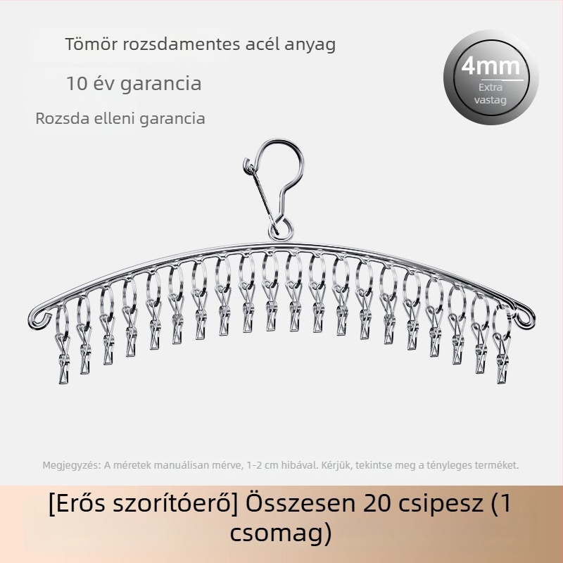 Rozsdamentes acél zokniszárító akasztó, több csipesszel, szélvédett és korrózióálló