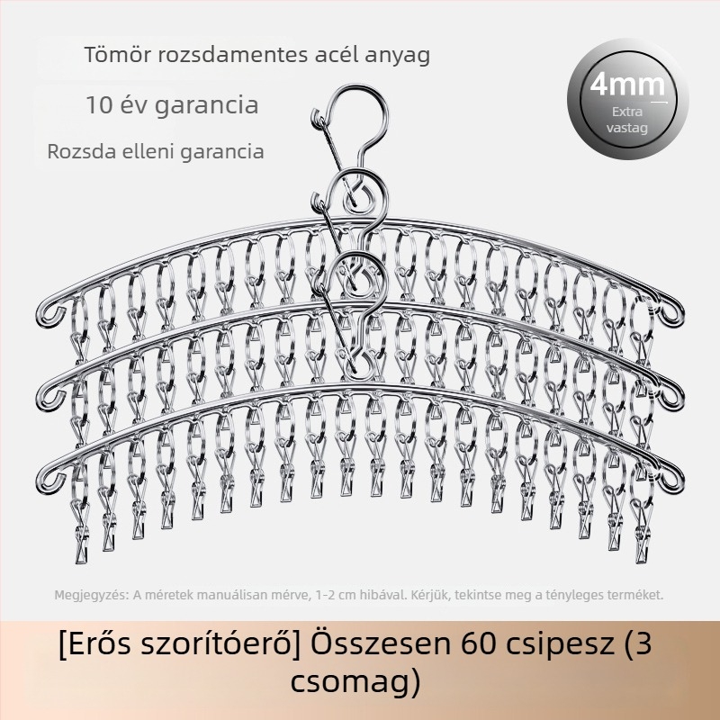 Rozsdamentes acél zokniszárító akasztó, több csipesszel, szélvédett és korrózióálló