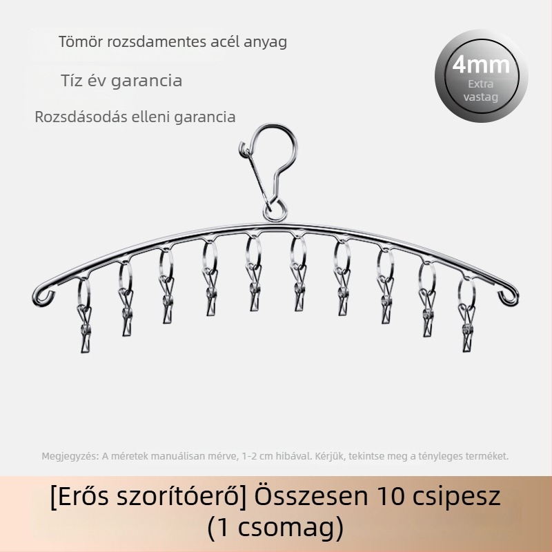 Rozsdamentes acél zokniszárító akasztó, több csipesszel, szélvédett és korrózióálló
