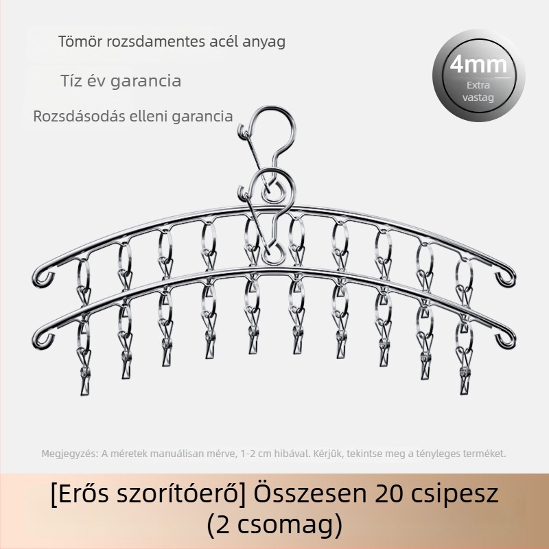 Rozsdamentes acél zokniszárító akasztó, több csipesszel, szélvédett és korrózióálló