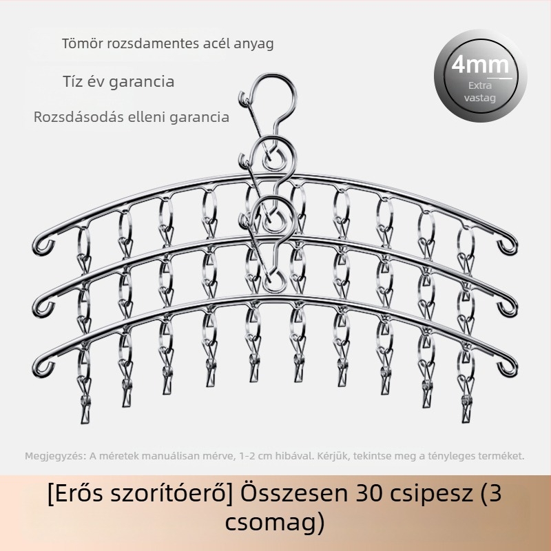Rozsdamentes acél zokniszárító akasztó, több csipesszel, szélvédett és korrózióálló