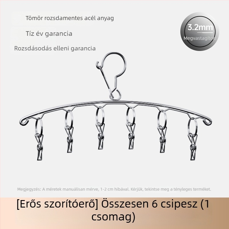Rozsdamentes acél zokniszárító akasztó, több csipesszel, szélvédett és korrózióálló