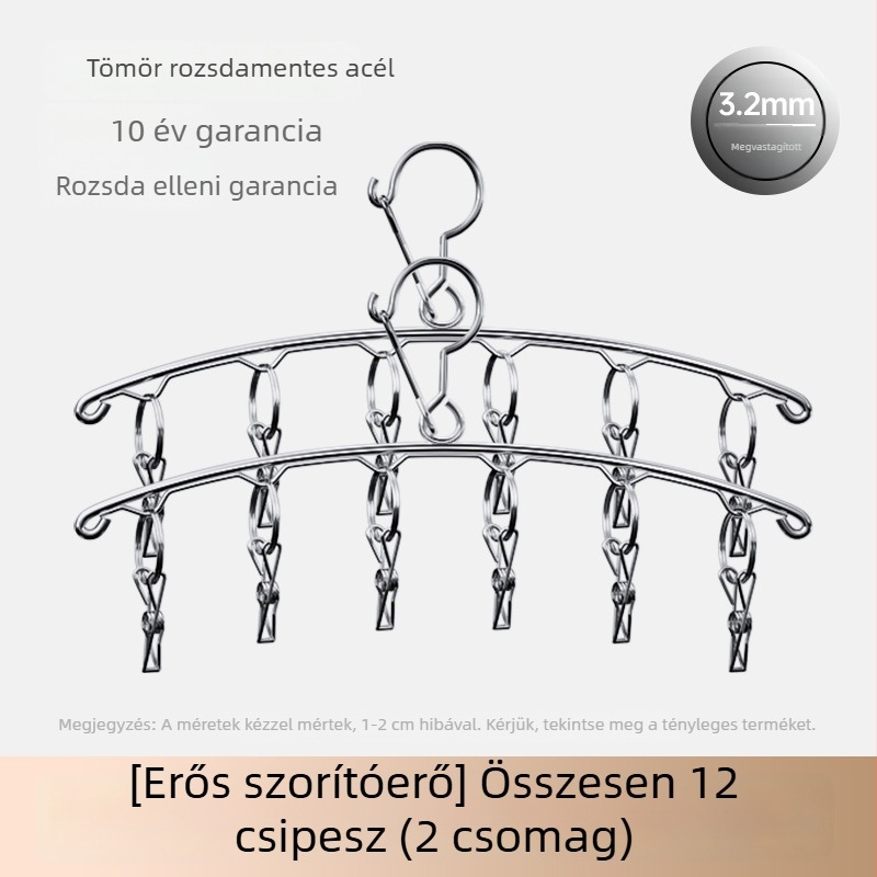 Rozsdamentes acél zokniszárító akasztó, több csipesszel, szélvédett és korrózióálló