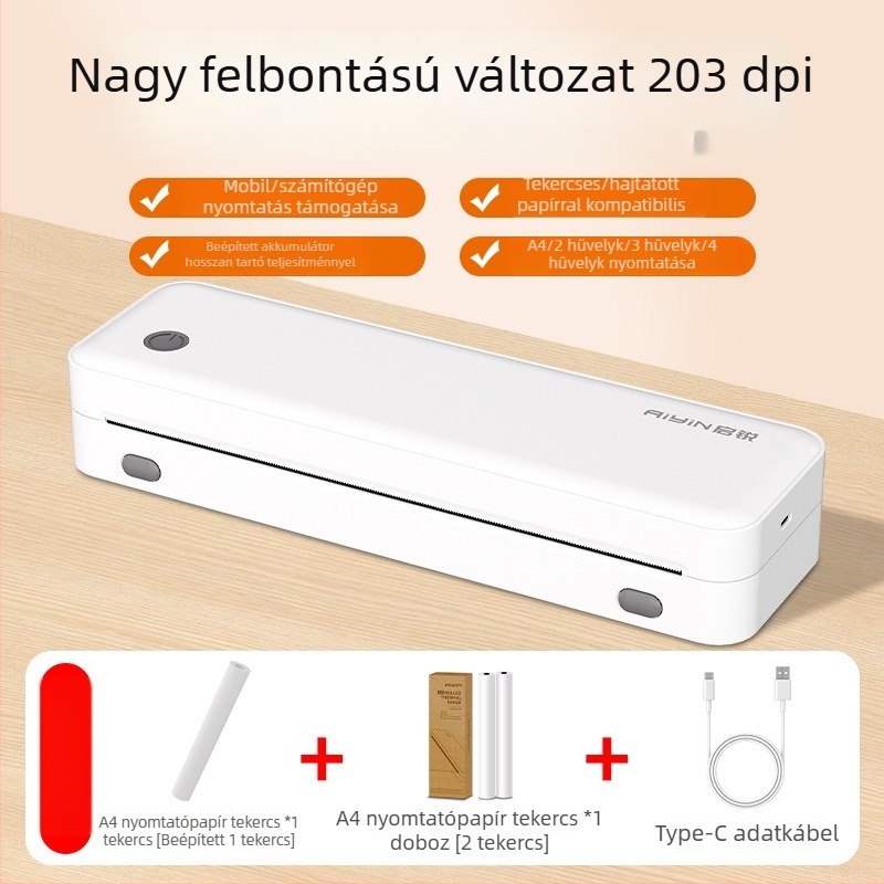 Qirui hordozható termikus nyomtató, A4 méret, otthoni használatra, Bluetooth, vezeték nélküli nyomtatás mobiltelóról diákok gyakorló feladataihoz (tinta nélkül)