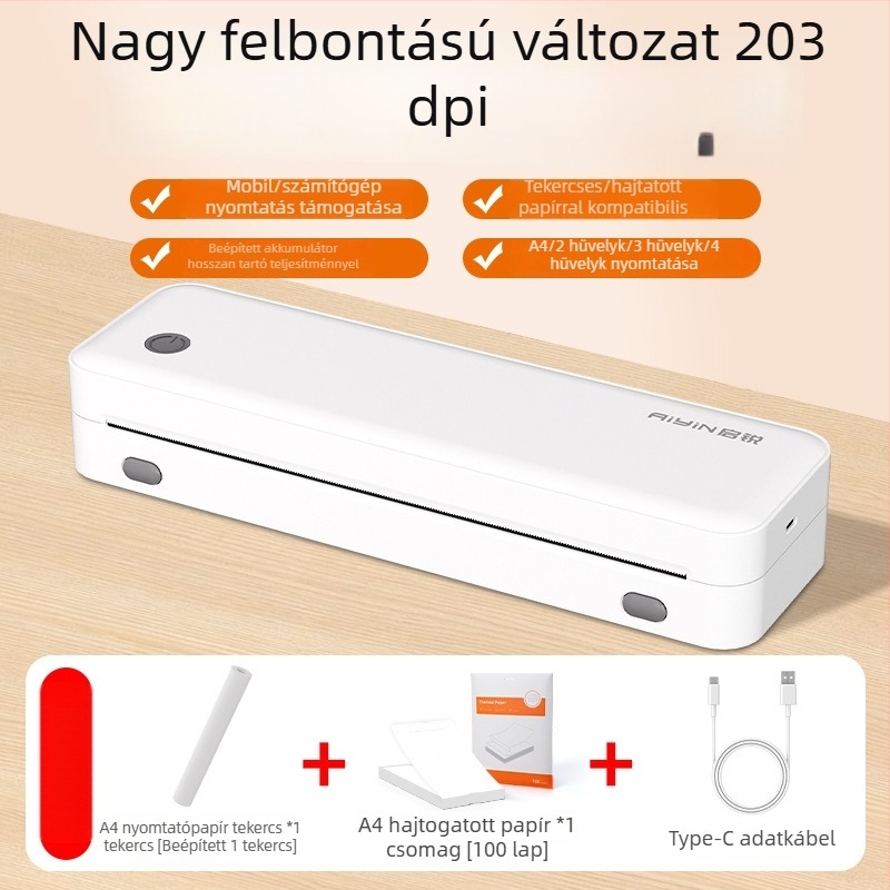 Qirui hordozható termikus nyomtató, A4 méret, otthoni használatra, Bluetooth, vezeték nélküli nyomtatás mobiltelóról diákok gyakorló feladataihoz (tinta nélkül)