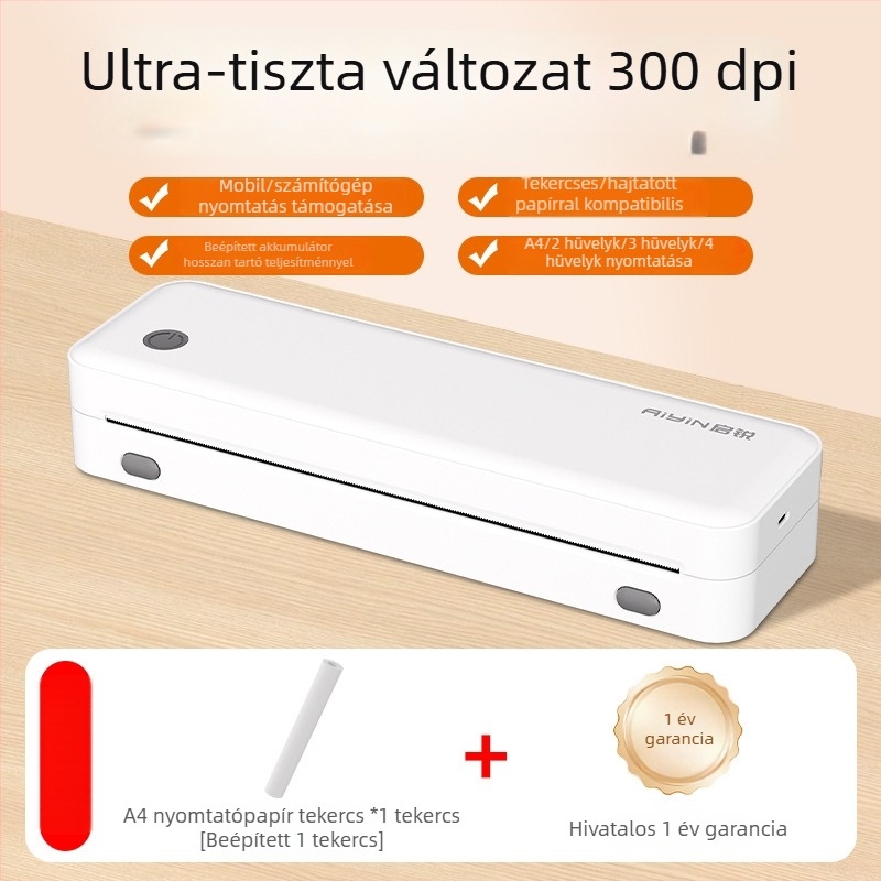 Qirui hordozható termikus nyomtató, A4 méret, otthoni használatra, Bluetooth, vezeték nélküli nyomtatás mobiltelóról diákok gyakorló feladataihoz (tinta nélkül)