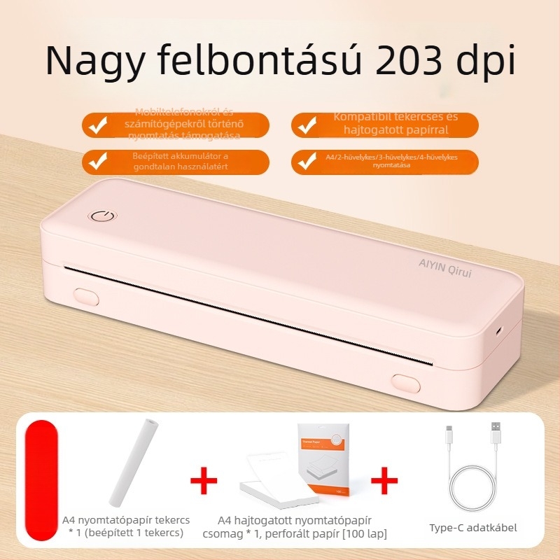 Qirui hordozható termikus nyomtató, A4 méret, otthoni használatra, Bluetooth, vezeték nélküli nyomtatás mobiltelóról diákok gyakorló feladataihoz (tinta nélkül)
