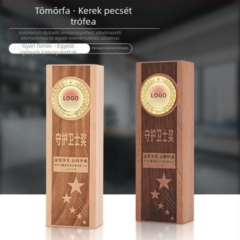 Bükkfából készült trófea kiváló munkavállaló díjhoz, gravírozott emlékérem, éves találkozóra, masszívfa trófea