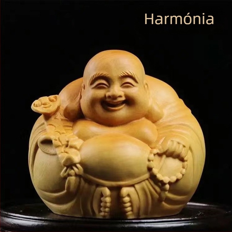 Nevető Maitreya Buddha, tujafa faragott tömörfa figurája