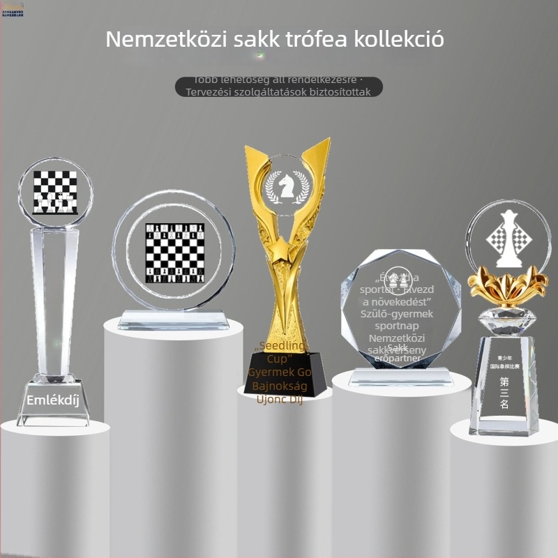 Kristálygyanta trófea, gravírozott sakkhoz, kínai sakkhoz, nemzetközi dáma és Go