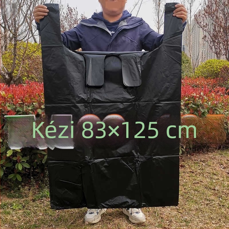 Nagy zseb, mellény-stílusú szemeteszsák, hordozható, extra vastag, kereskedelmi célú kültéri használatra, fekete.