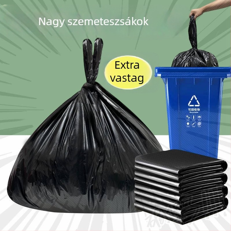 Nagy zseb, mellény-stílusú szemeteszsák, hordozható, extra vastag, kereskedelmi célú kültéri használatra, fekete.