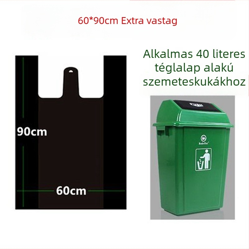 Nagy zseb, mellény-stílusú szemeteszsák, hordozható, extra vastag, kereskedelmi célú kültéri használatra, fekete.