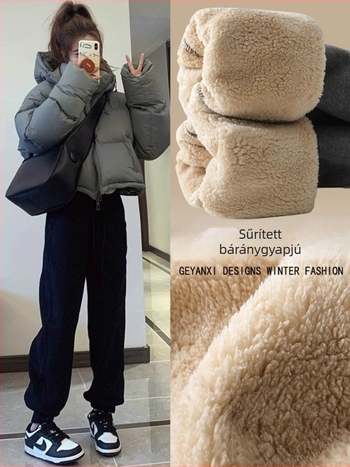 Női jogger nadrág báránygyapjú fleece-belelt, őszi–téli 2025 új stílus, petites méretekhez, meleg és vastag, kültéri viselethez