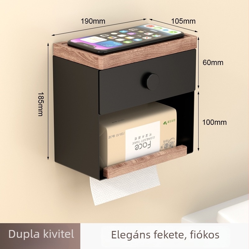 Krém színű, természetesfa falra szerelhető toalettpapír-doboz és tároló állvány
