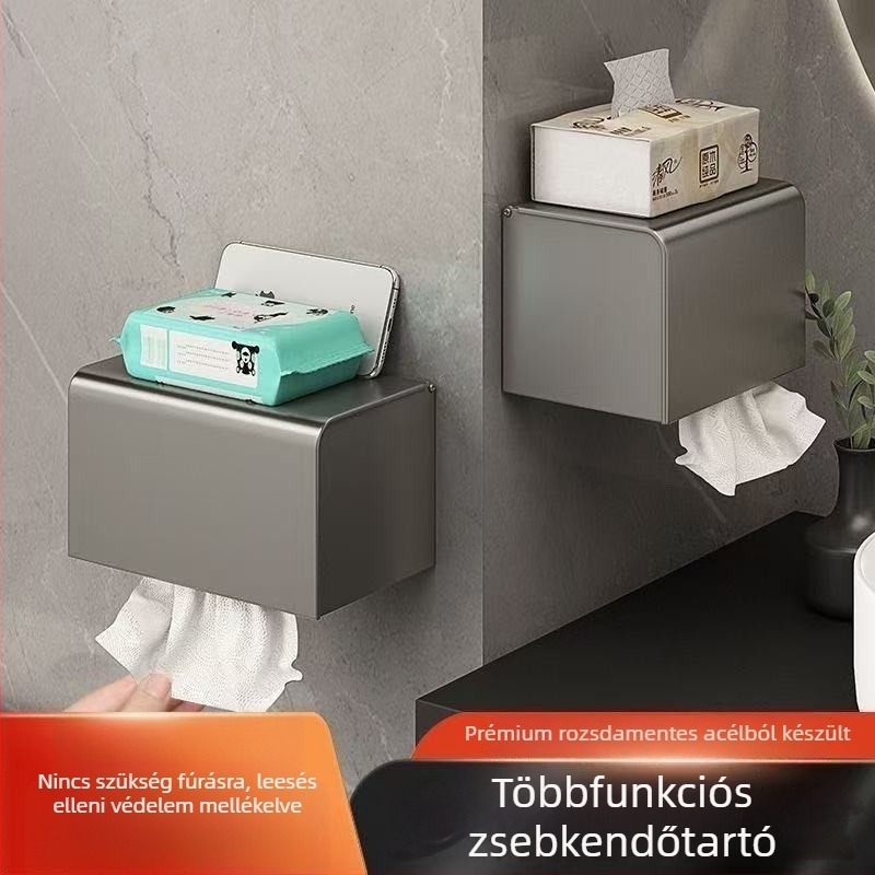 Vízálló falra szerelhető papírtartó és zsepitartó rozsdamentes acélból, fürdőszobai tárolóval.