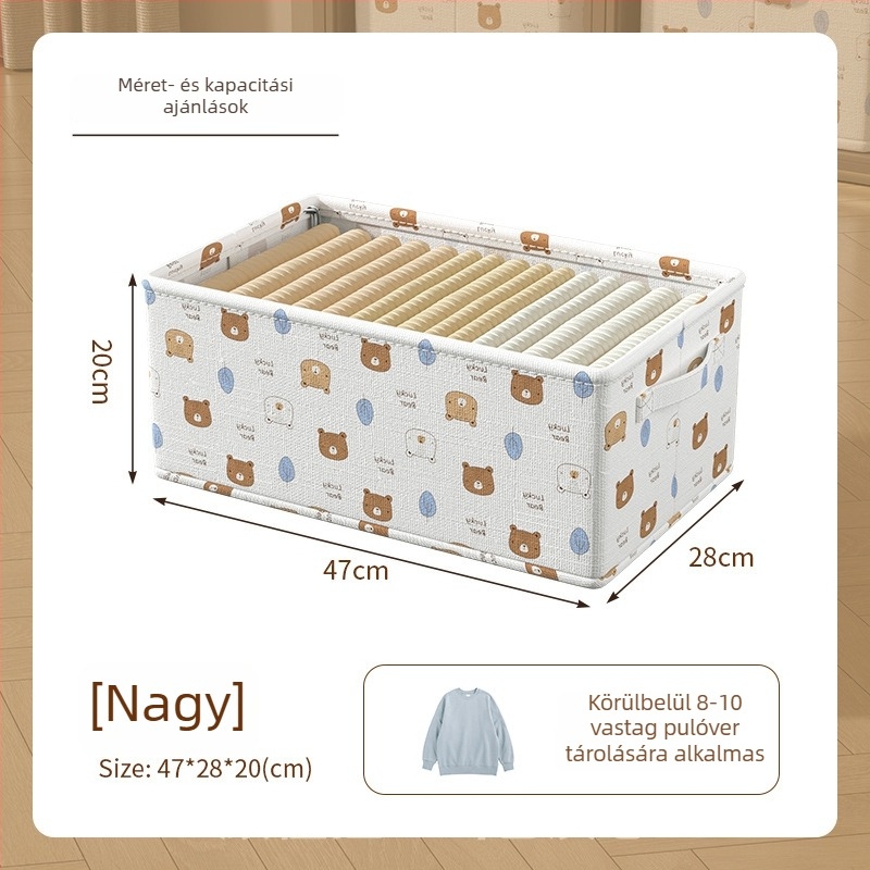 Textil tárolókosár ruhák tárolására, összecsukható, gardróbba rendező, rajzfilm mintával, 30–40 literes űrtartalom